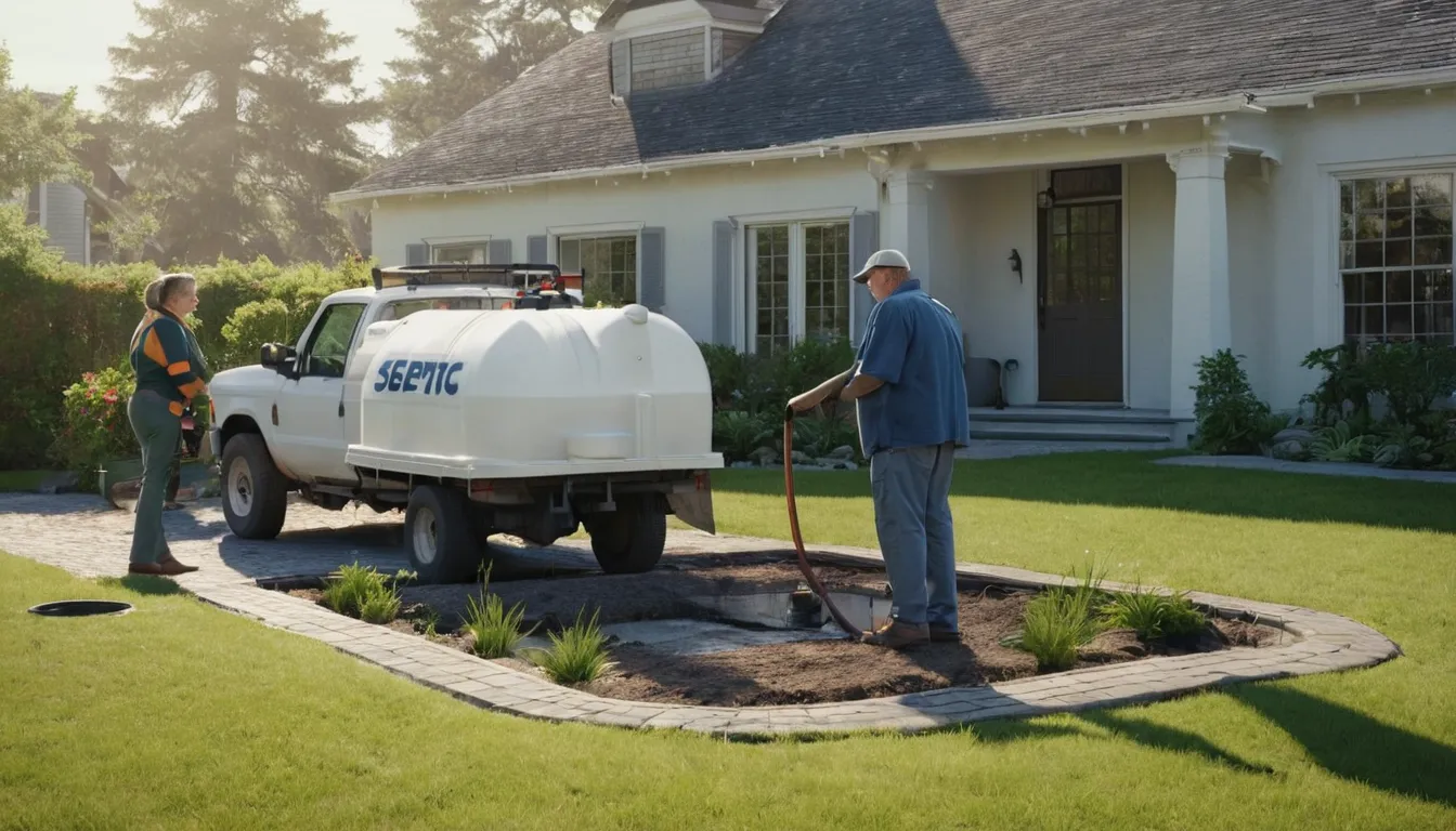 A homeowner and a septic provider talking calmly near a tank lid in a yard in the Shelton area