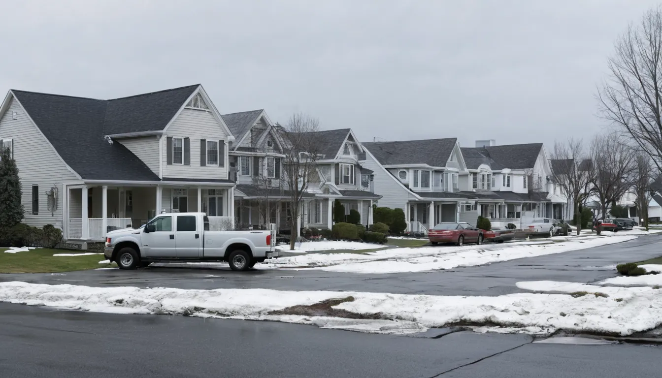 A residential street with older homes and snow-dusted yards in Shelton