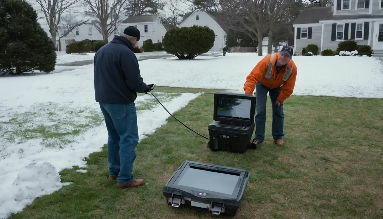 Provider reviewing a sewer line camera inspection with a homeowner in a yard in the Shelton area